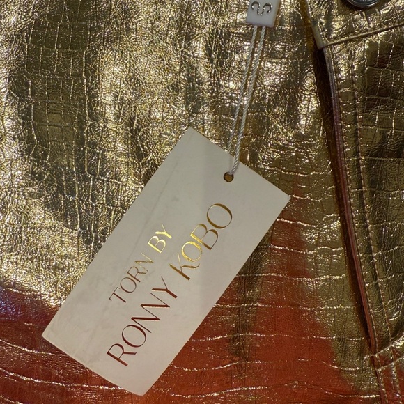 NWT Torn by Ronny Kobo Asymmetrical Faux Gold Leather Mini Skirt Size XS - Picture 4 of 10